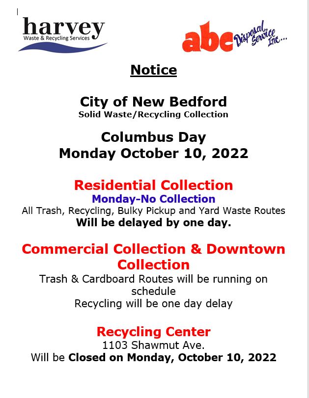 City of New Bedford trash/recycling pickup schedule for Columbus Day